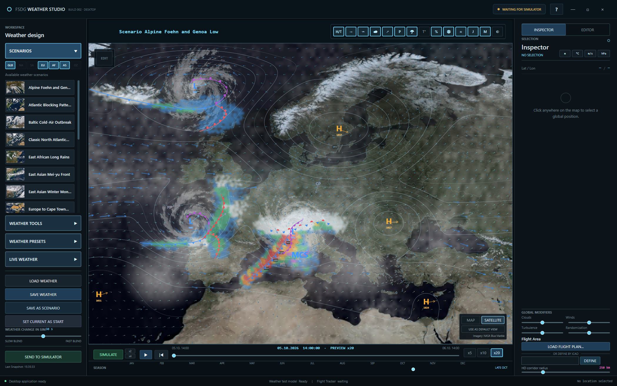 FSDG Weather Studio mit einer weltweiten Wettersituation über Europa